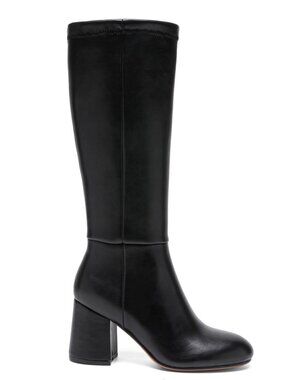 Fjqnxgy Size 9.5 Boots Knee High PU Leather Black Almond Toe Chunky Heel Zipper